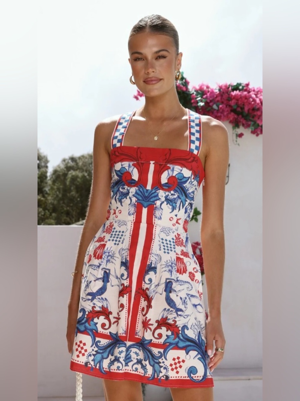 NWT Red Blue Baroque Print Mini Dress | Summer Dress | Resort Vacation Outfit